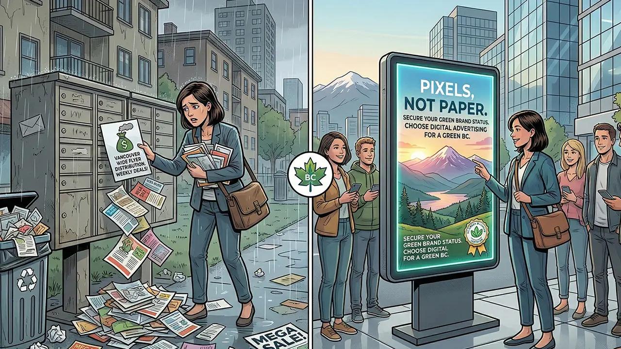 A side-by-side comparison illustrating the choice between wasteful paper flyers in the rain and a high-impact, zero-waste digital advertisement.