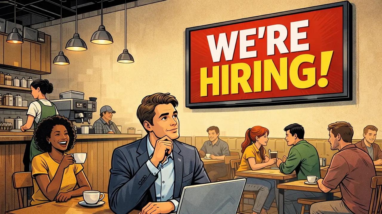 A professional man in a cafe looking thoughtfully at a large digital screen displaying a red and yellow "WE'RE HIRING!" sign.