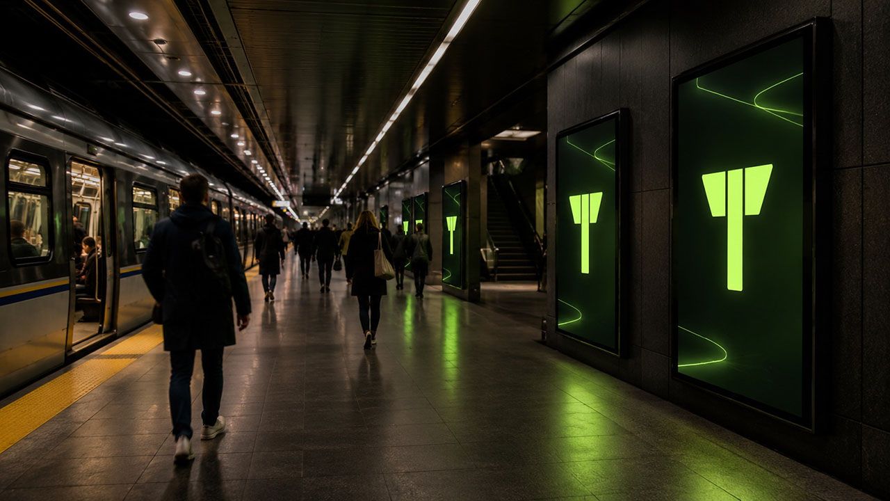 Commuters walking through a modern Vancouver metro station with a train at the platform and Totemian Brandboards glowing in green along the station wall.