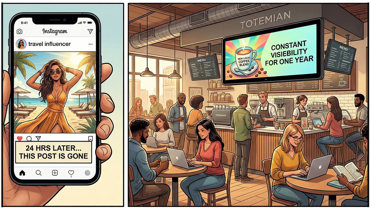 A split-screen showing a "broken" smartphone with fake digital reviews versus a high-definition Totemian screen in a trusted medical clinic providing "physical validation."
