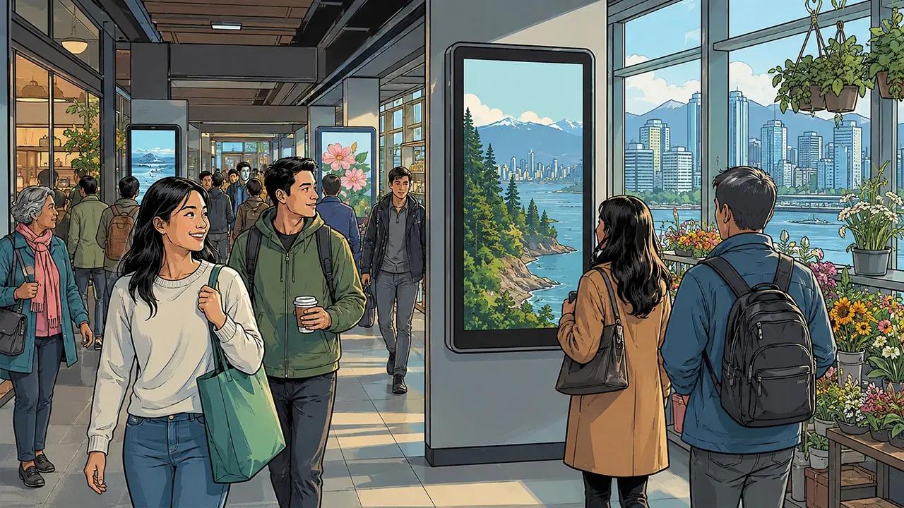 Vancouver commuters moving through a station-adjacent corridor with subtle digital screens.