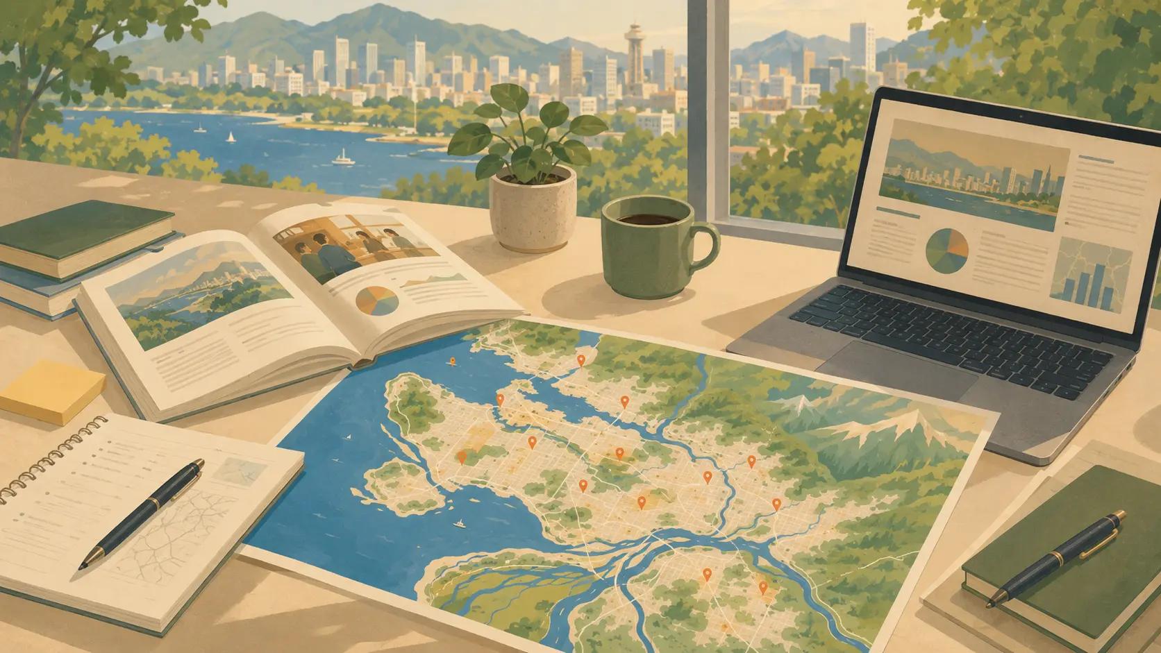 Media planning desk with a Metro Vancouver map and community venue locations
