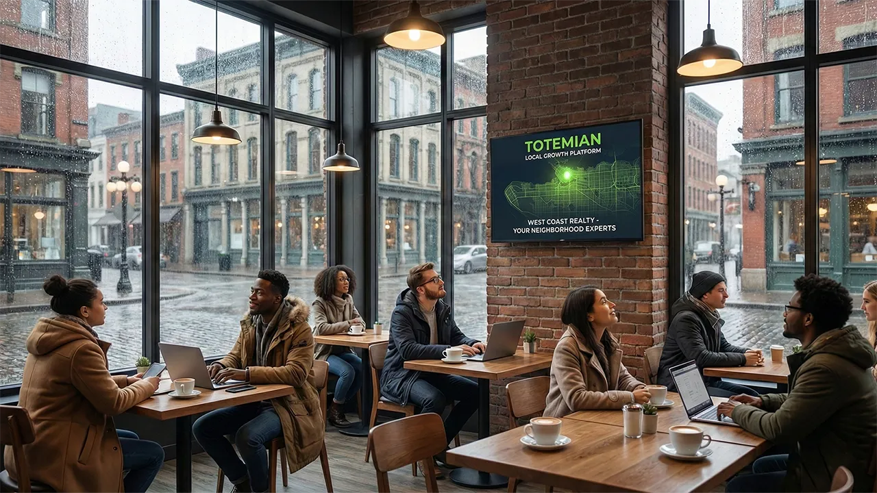 Hyper-local digital billboard advertisement in Vancouver for SME growth, showing a Totemian Brandboard in a busy neighborhood cafe.