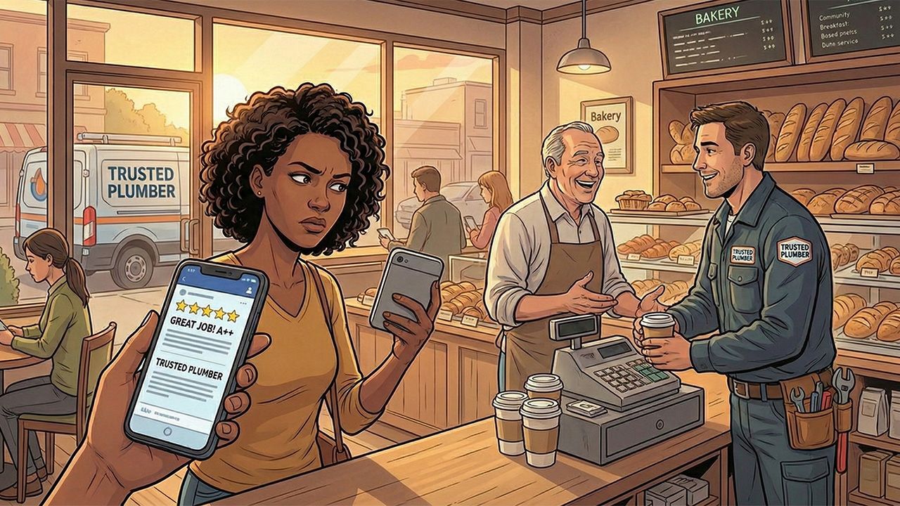 An illustration of a woman in a busy bakery looking skeptically at a 5-star review for a "Trusted Plumber" on her smartphone. In the background, a friendly plumber in a uniform stands at the counter, while a van with the same "Trusted Plumber" logo is parked outside the window.