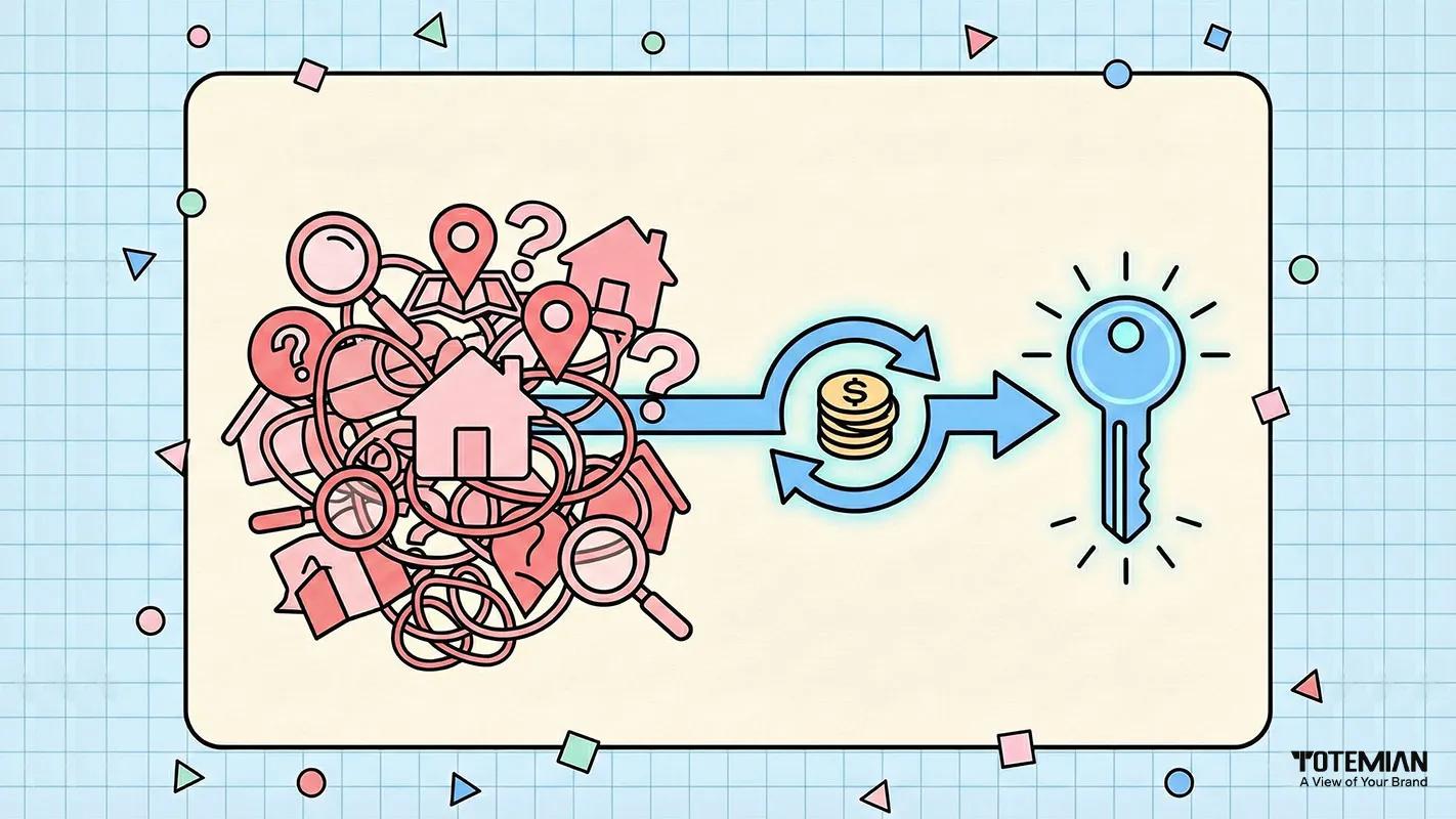 Conceptual illustration showing a clean, direct liquidity path cutting through the chaotic noise of online real estate search platforms.