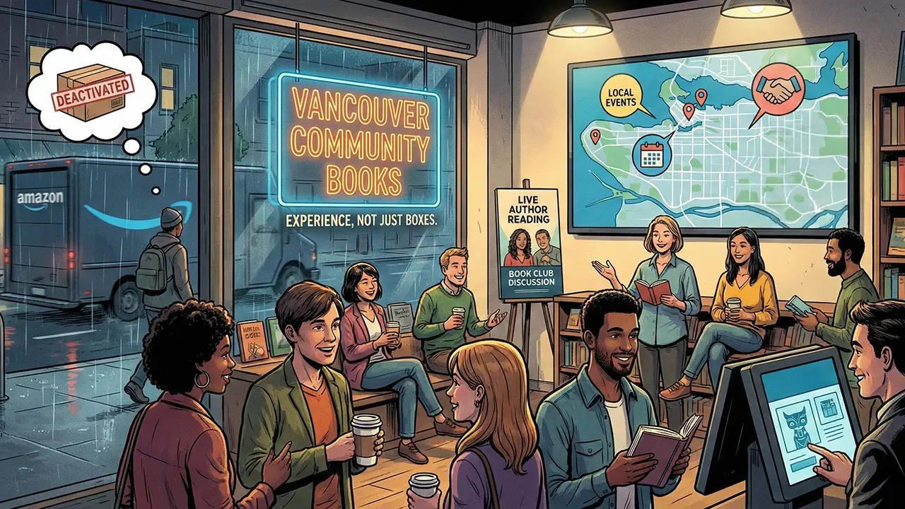 Community bookstore interior showing people socialising and a map of local events, contrasted with an Amazon truck outside in the rain.