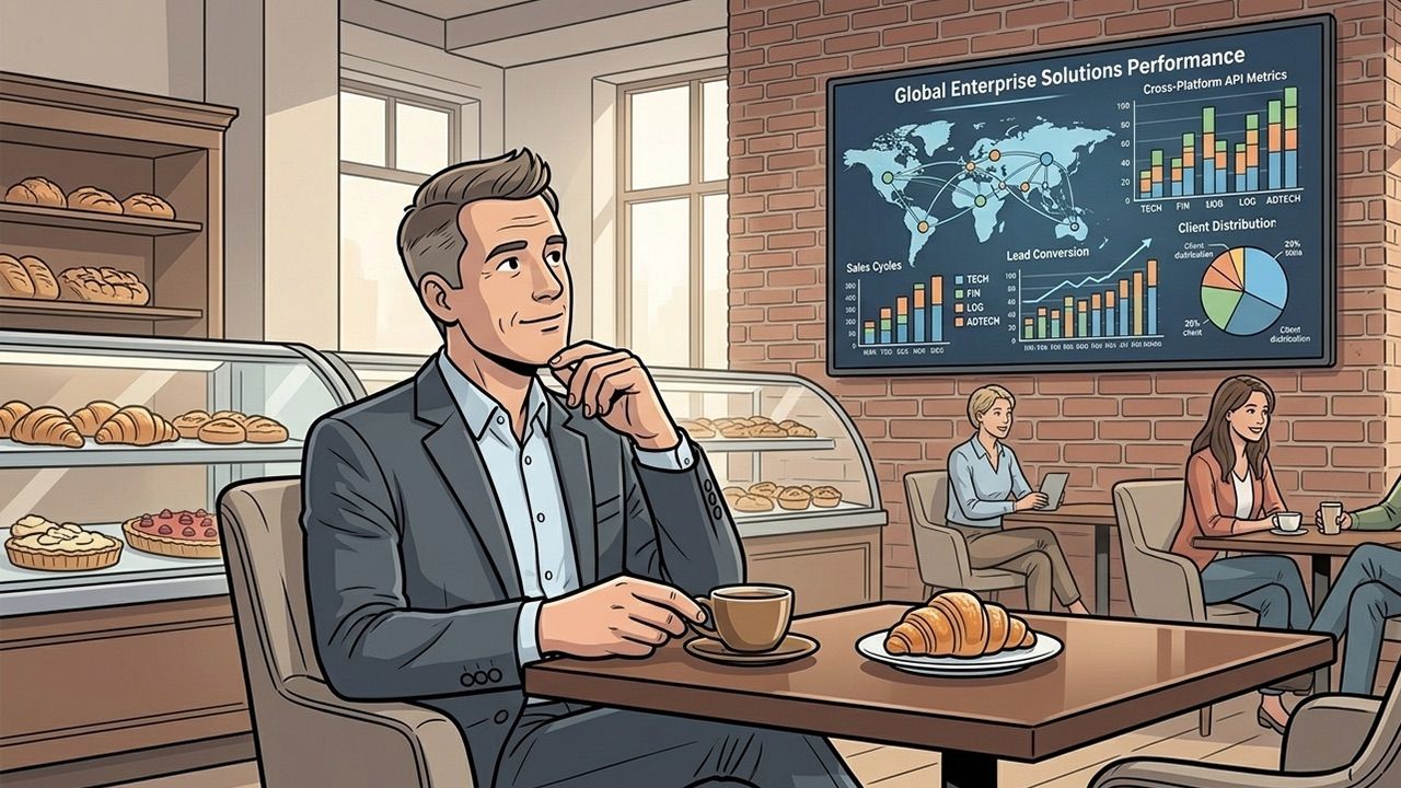 Executive sitting in a premium cafe with a digital Brand Board displaying enterprise data.