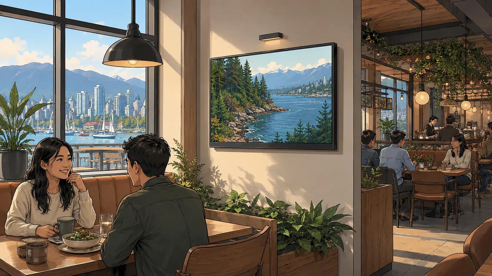Tasteful Brandboard-style screen integrated into a warm cafe or restaurant interior