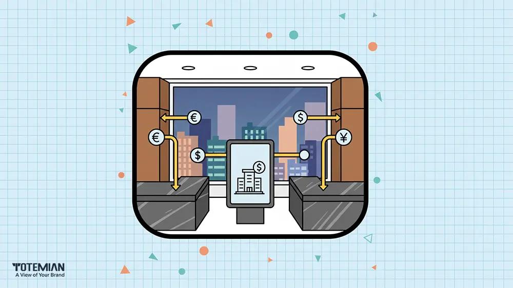 Illustration of a currency exchange office window overlooking a city skyline, featuring a digital brandboard connecting financial transactions to real estate investment opportunities.