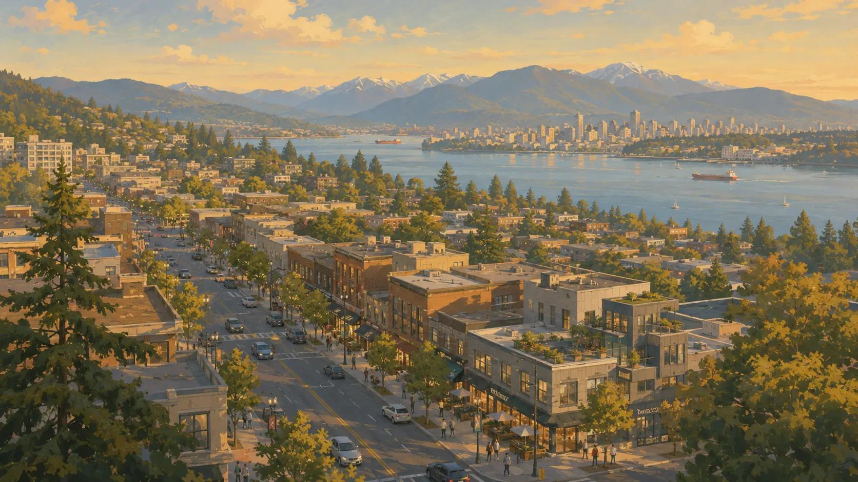Aerial view of a Metro Vancouver commercial corridor at golden hour