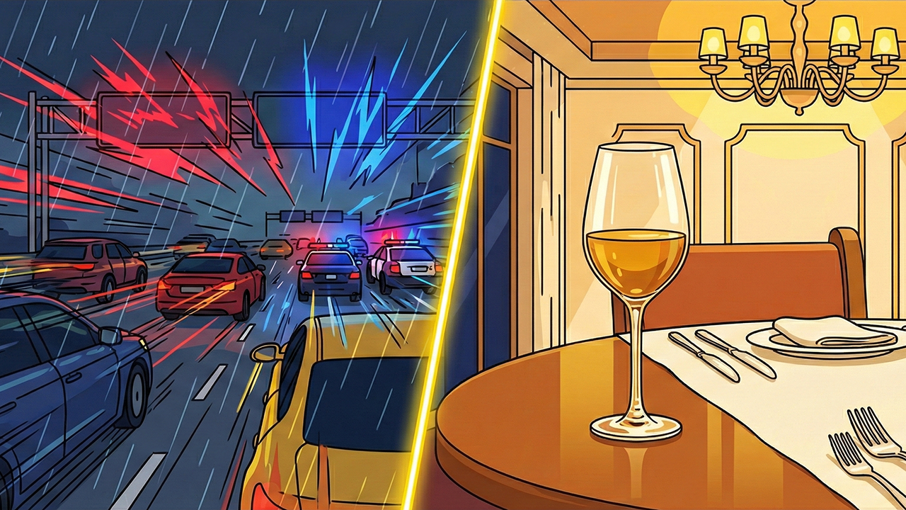 high-stress rainy highway (Commute Mode) versus a warm, golden luxury restaurant interior (Social Mode).