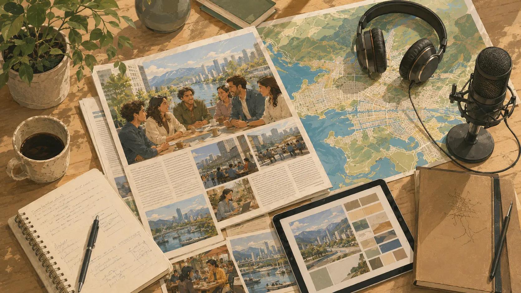 Persian radio, print, and place-based media planning materials arranged beside a Metro Vancouver map
