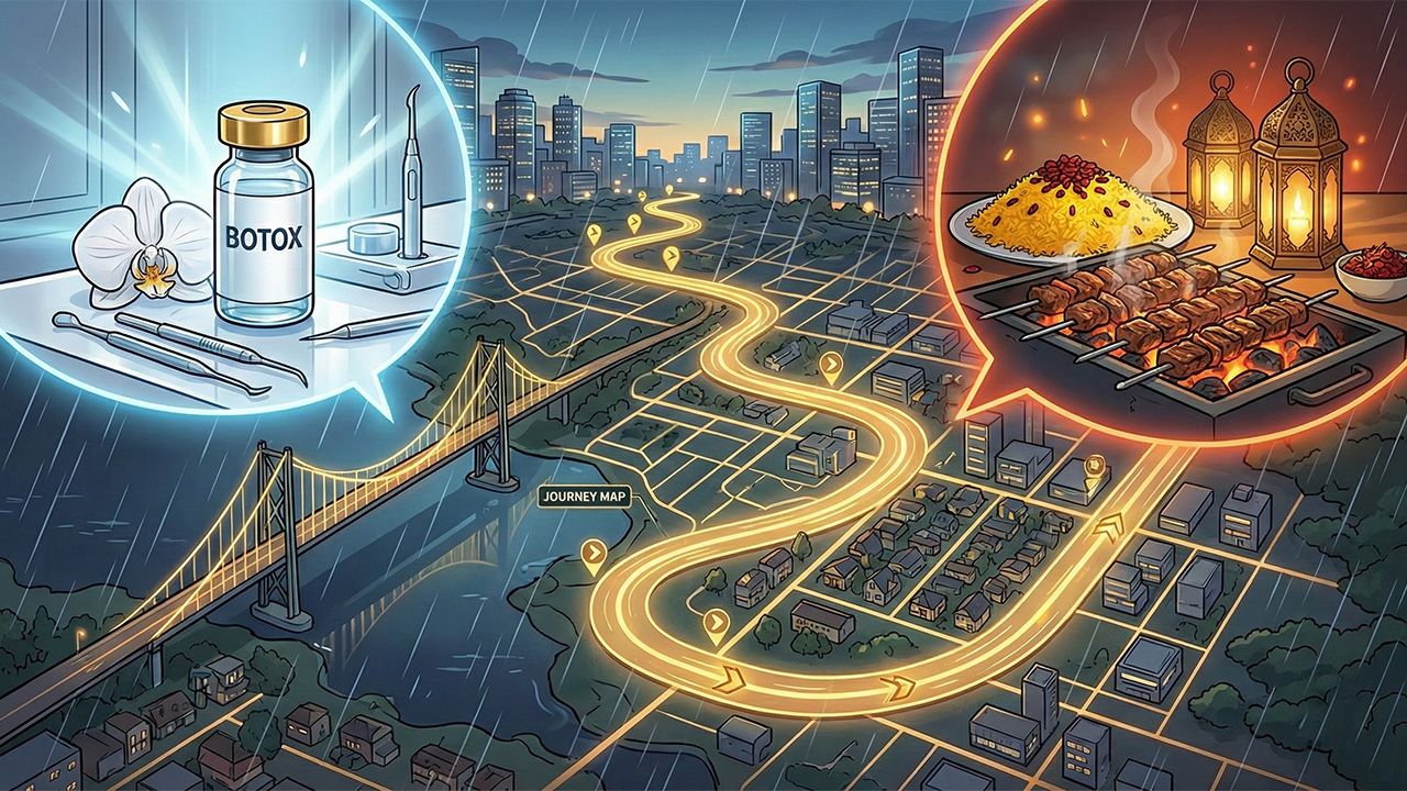 An aerial nighttime view of a city with glowing paths labeled as a "JOURNEY MAP." Two circular call-outs highlight specific touchpoints: one for "BOTOX" with medical supplies and another for "KABAB" featuring a plate of food and traditional lanterns.