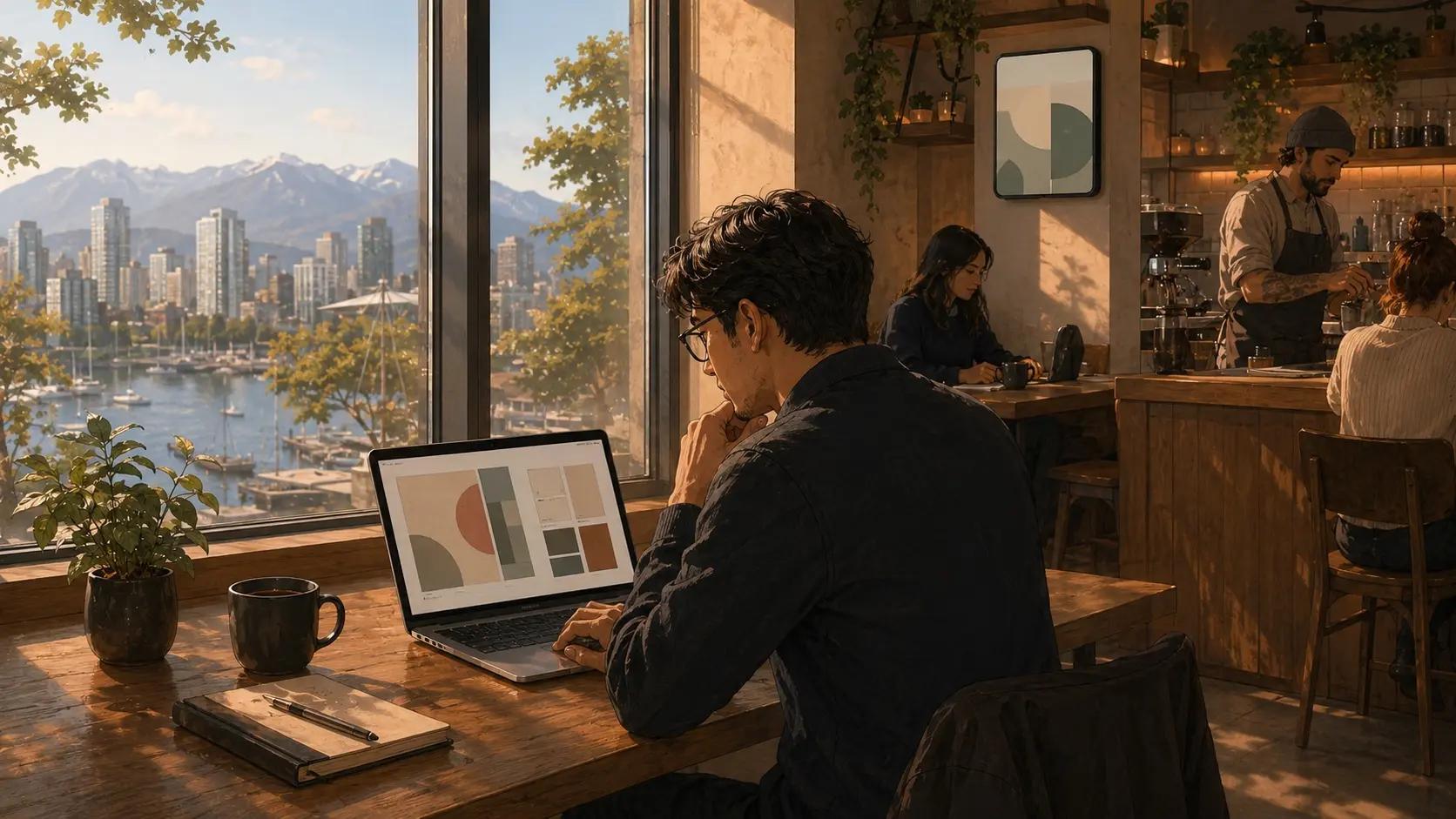 Designer reviewing Brandboard ad layouts inside a Vancouver venue