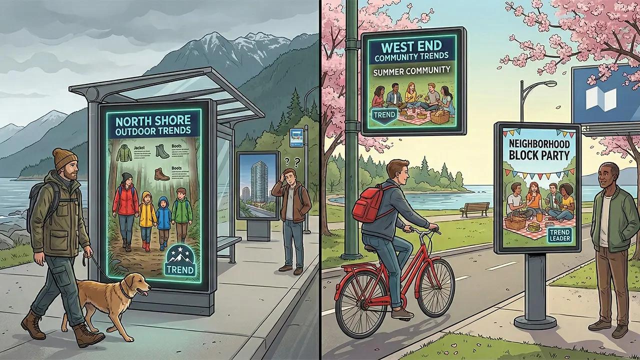 A split-screen comparison of hyper-local digital ads showing "Outdoor Trends" on the rainy North Shore versus "Community Trends" in the sunny West End.