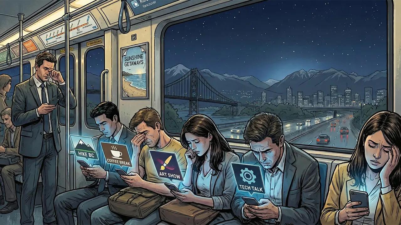 Group of exhausted Vancouver commuters on a train at night, ignoring various digital ad icons on their phones.