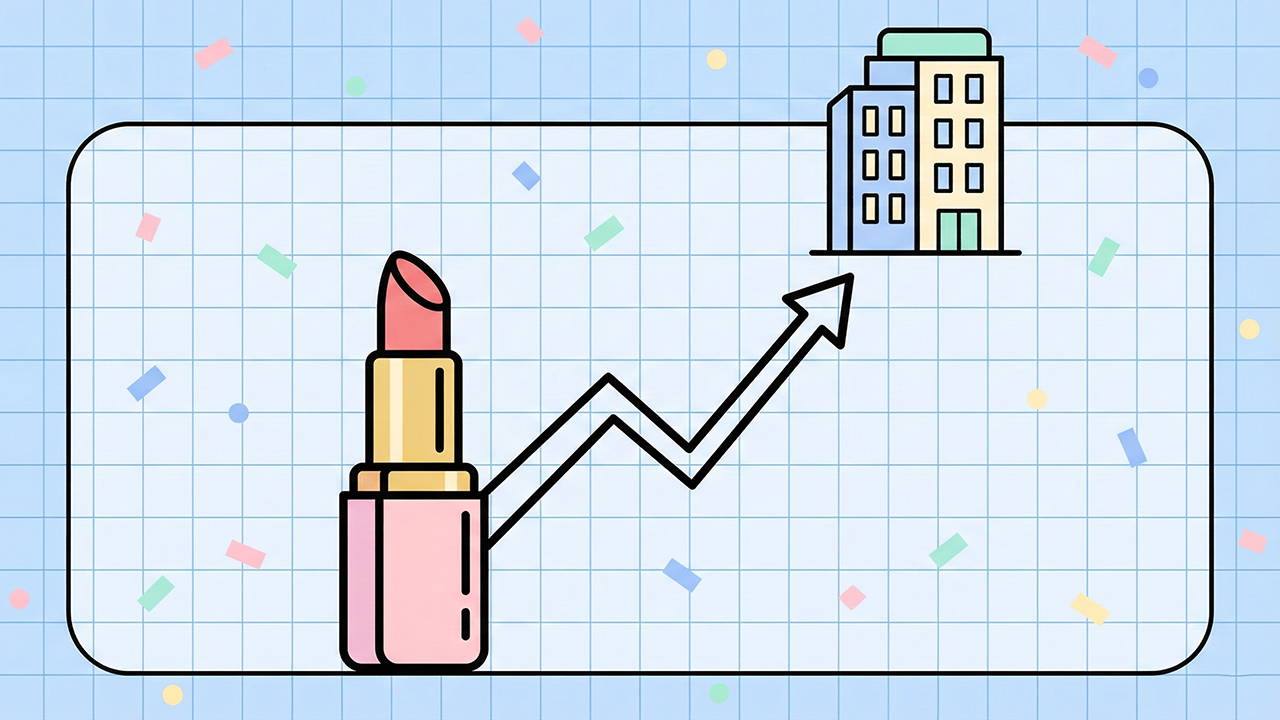 Flat design illustration of a lipstick tube morphing into a skyscraper, symbolizing the Lipstick Effect in luxury real estate marketing.