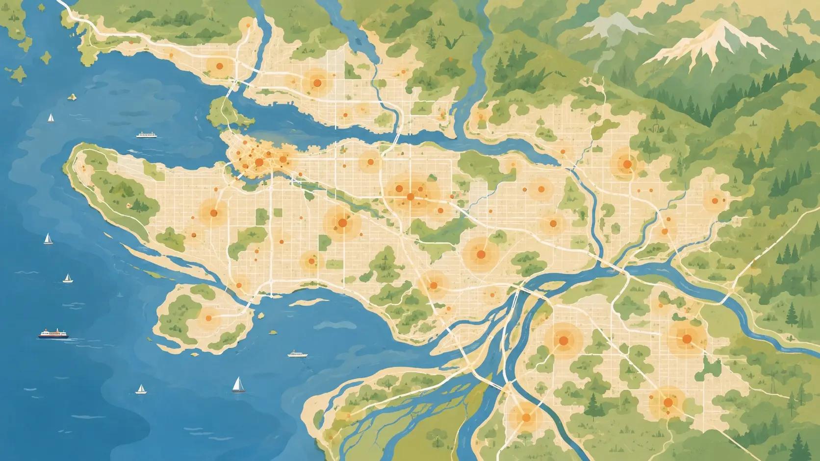 Overhead map view of Metro Vancouver highlighting community venue clusters