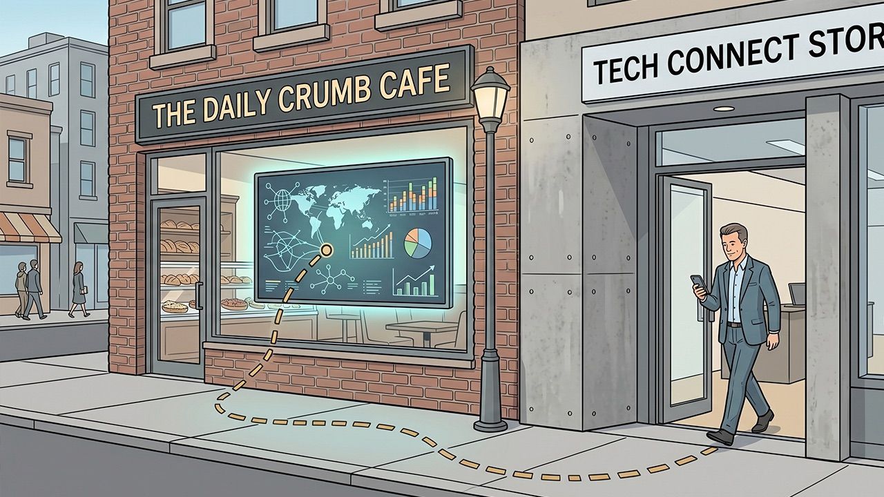 A digital screen in a cafe window displaying data analytics with a dotted line connecting it to a customer entering a neighboring tech store.