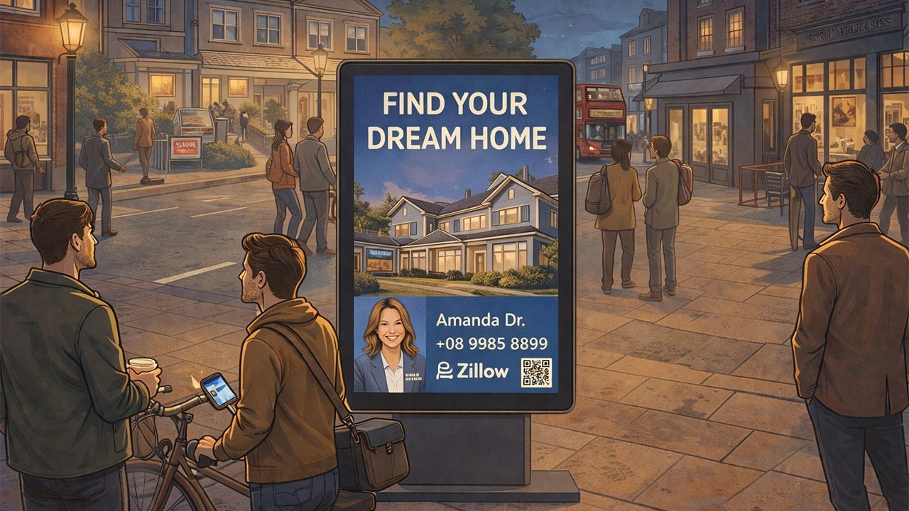 A digital advertising kiosk in a busy city square at dusk showing a "Find Your Dream Home" real estate ad featuring Realtor Amanda Dr.