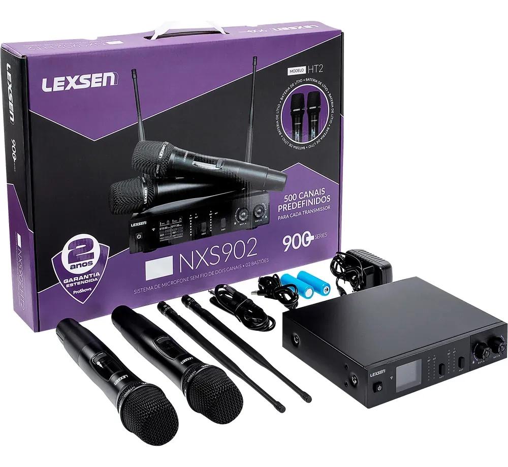 Microfone Lexsen NXS902HT2 2Bastão HT900 Duplo Sem Fio UHF 500 canais Bateria