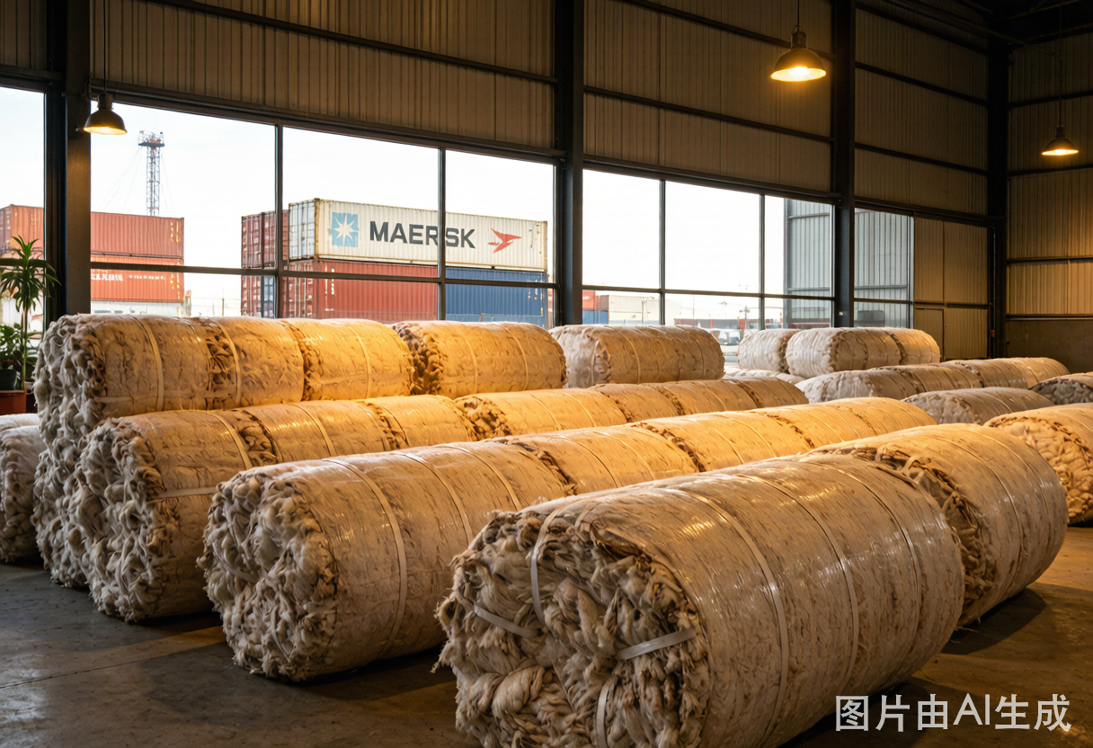 Cotton bales in warehouse with shipping containers