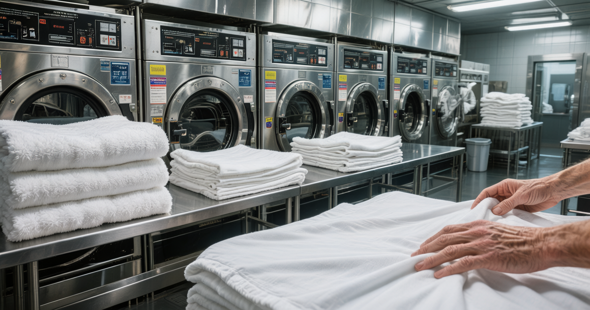 Commercial hotel laundry room with fresh white linens