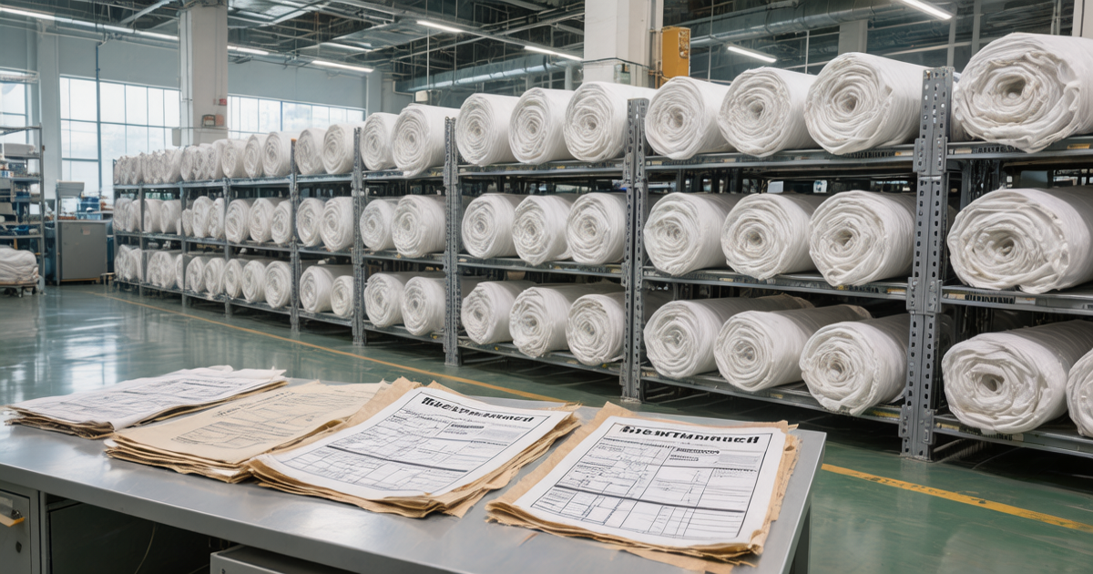Textile factory floor with shipping documents and linen fabric