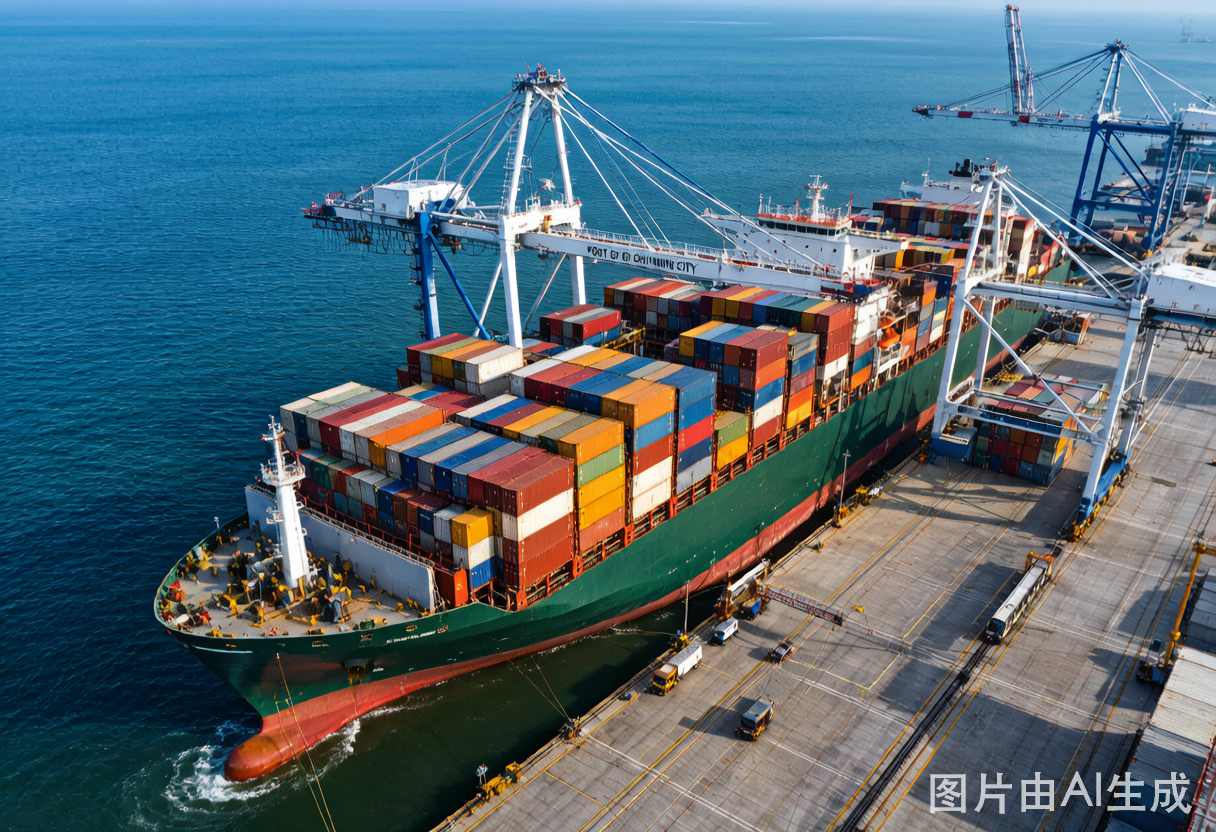 Container ship at port terminal