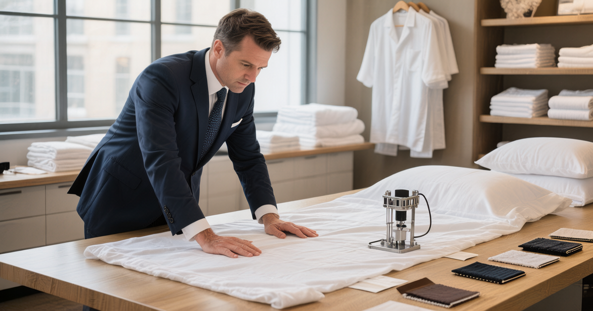 Hospitality buyer inspecting premium hotel bed sheets