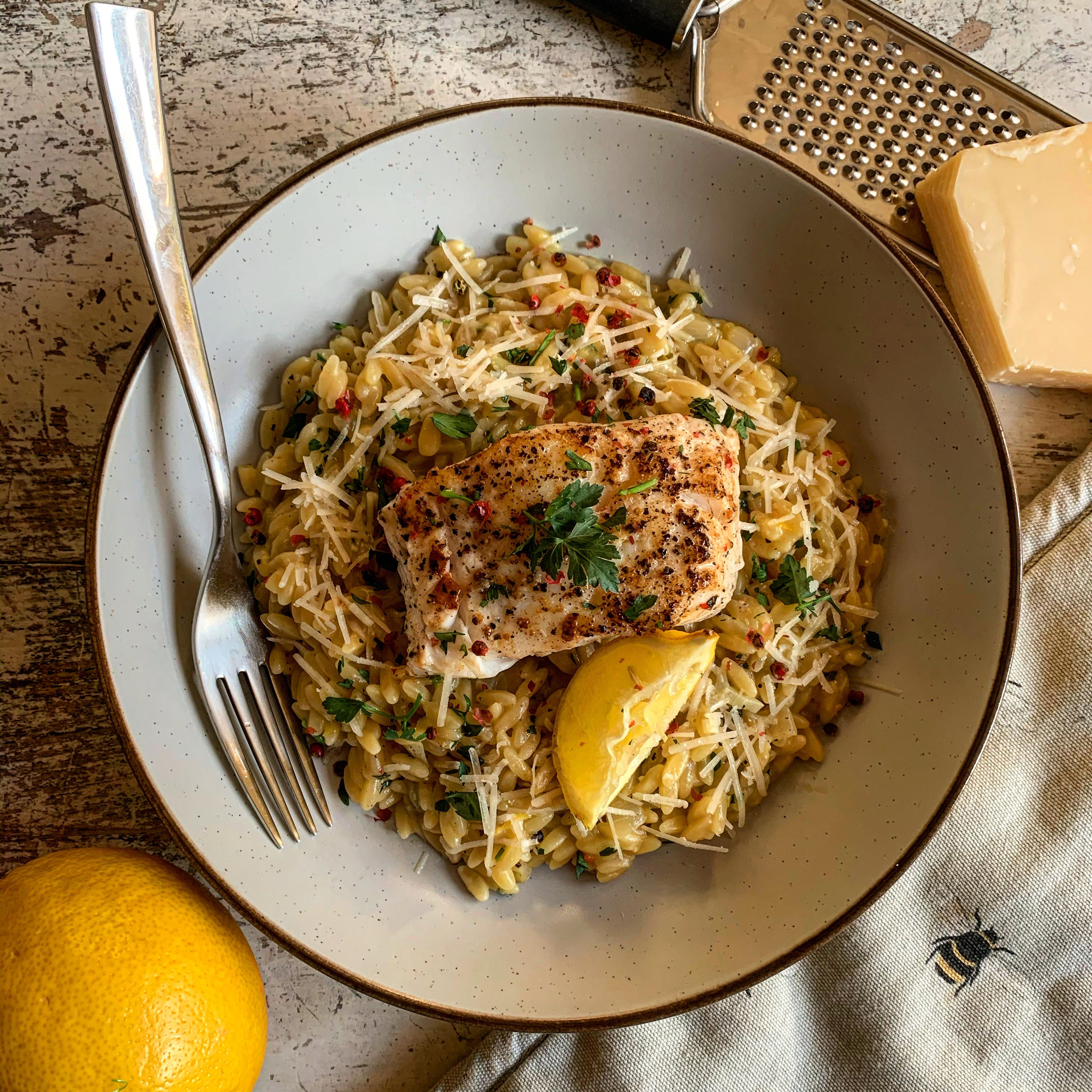 Pan Fried Cod on Lemon and Parsley Orzo