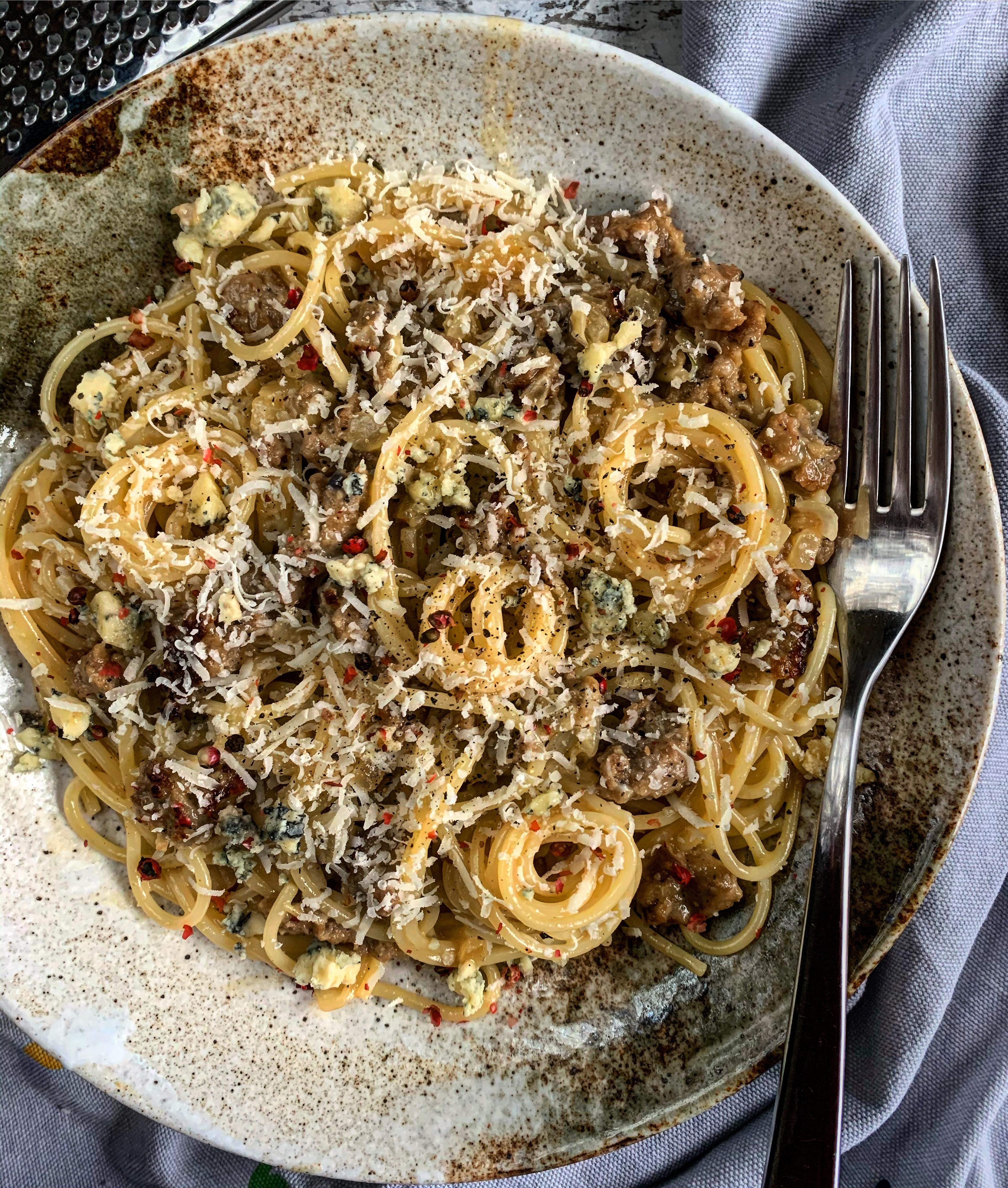 Caramelised Onion Sausage and Blue Cheese Carbonara