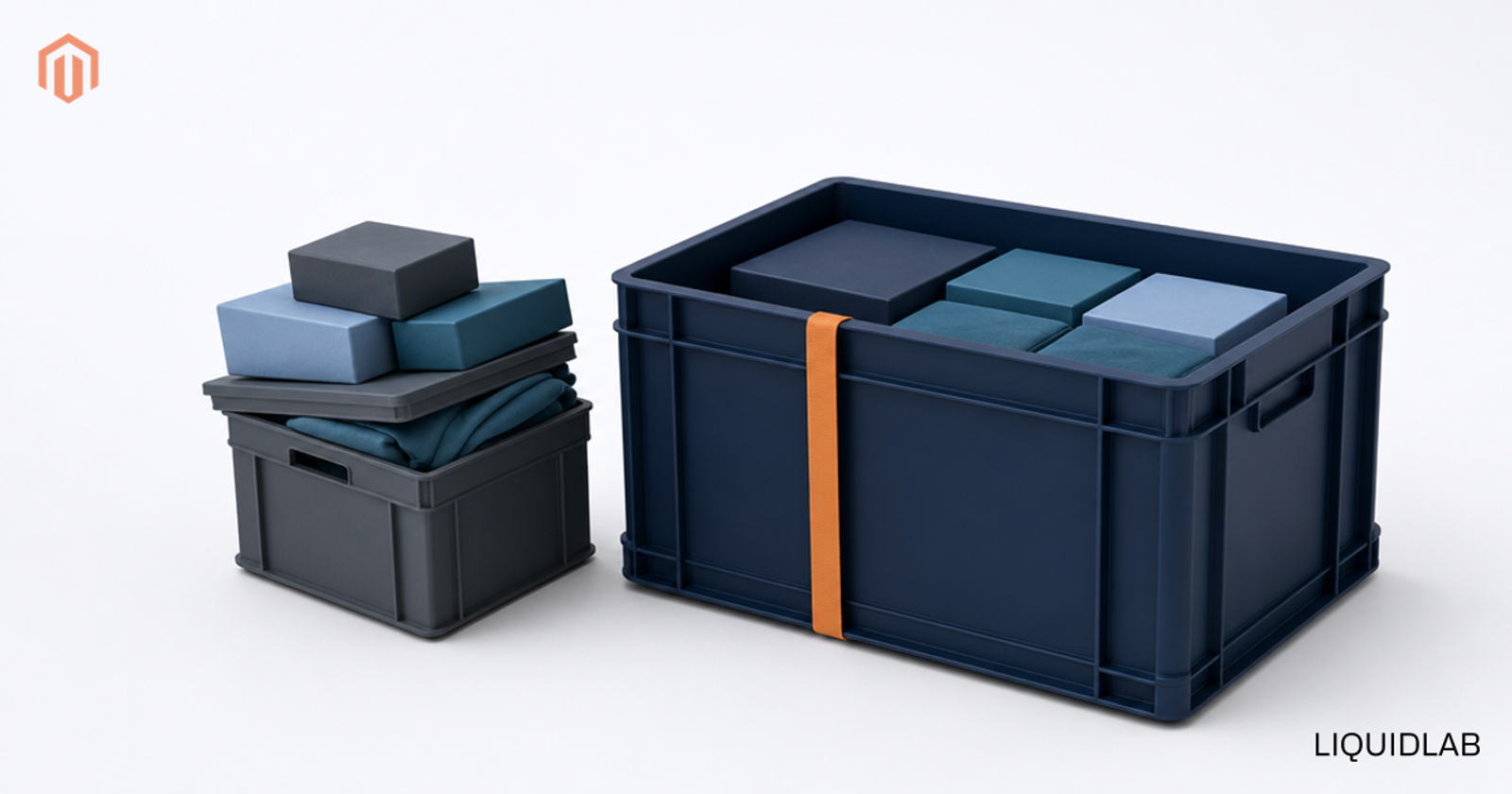 A small slate crate overflowing and unable to close beside a larger roomy navy crate with an orange strap, illustrating outgrowing WooCommerce and moving to Magento.