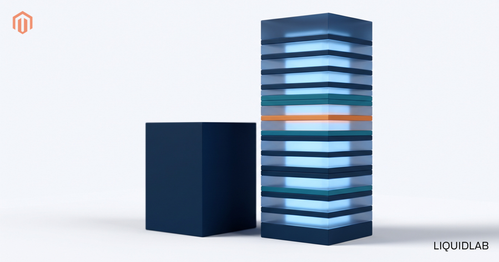 A tall translucent navy tower lit from within with every layer visible, including one teal and one orange layer, beside a solid opaque navy monolith, showing an owned, fully inspectable code stack versus a closed black box.