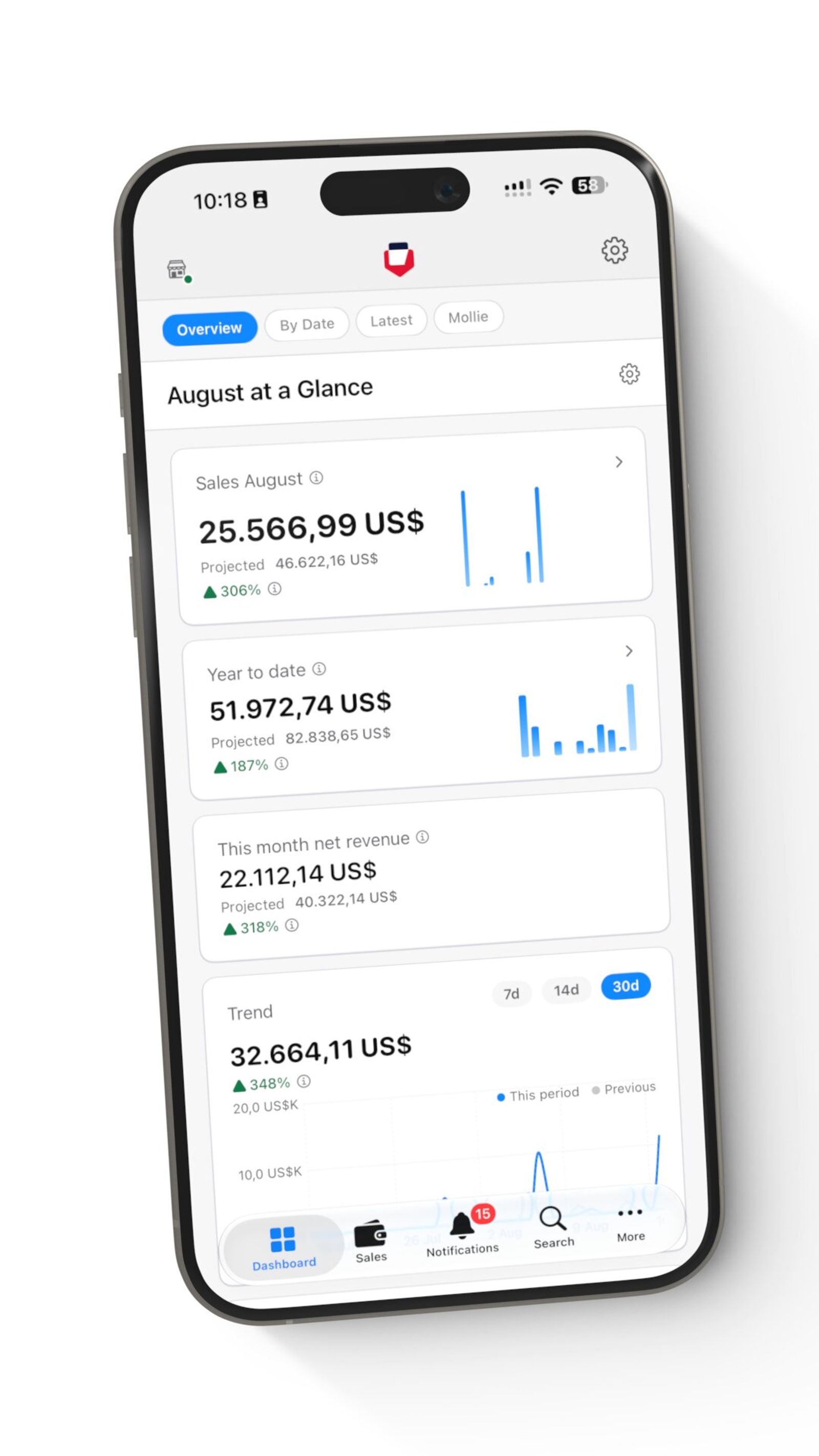 The Hyvä Pocket dashboard: monthly sales, year-to-date and net revenue with targets, plus a live sales trend, all configurable.