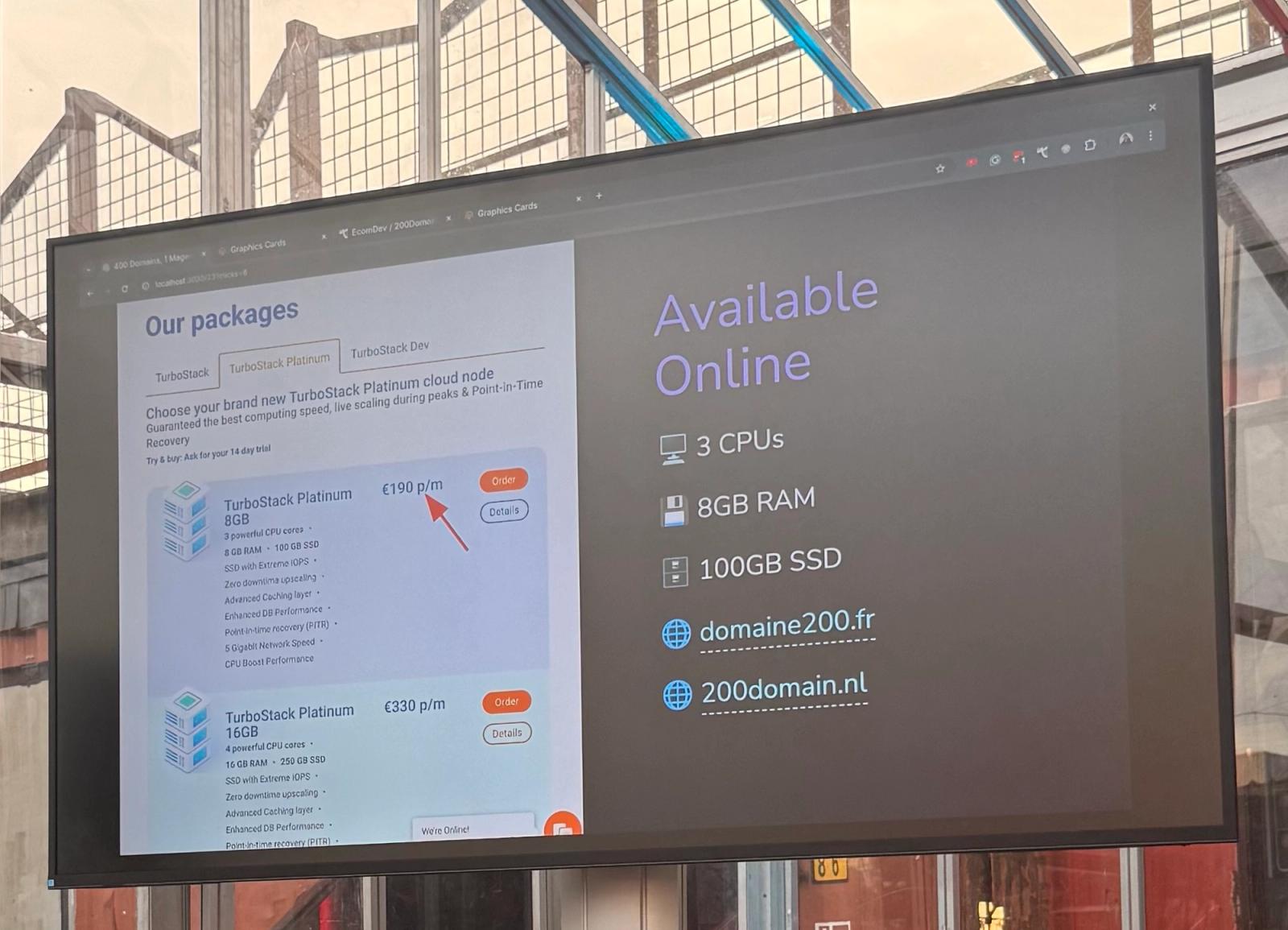 The Available Online slide from Ivan Chepurnyi's talk, with the 190 euro a month hosting package: 3 CPUs, 8 GB RAM and 100 GB SSD.