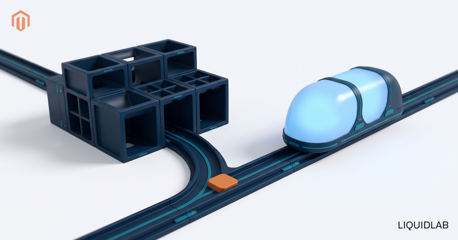 A navy rail splitting into two paths: on the left an open modular structure, on the right a smooth sealed capsule glowing blue, with an orange accent at the fork, illustrating two diverging platform lanes.
