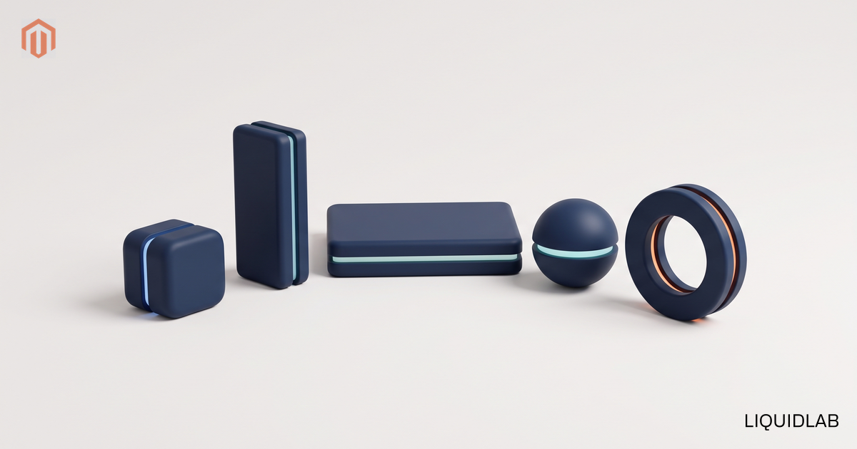 An editorial illustration of five navy objects of clearly different shapes standing in a row at the same height, a cube, an upright prism, a low slab, a sphere and a ring on edge, each with its own thin accent light and one carrying an orange detail, symbolizing five kinds of Magento provider set out as equals rather than ranked.