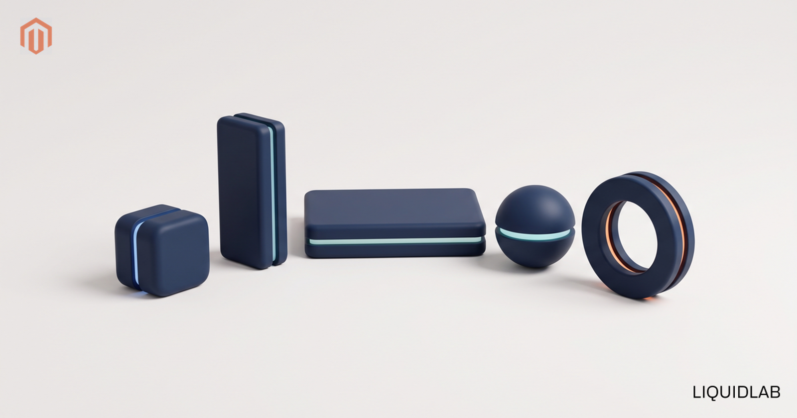 An editorial illustration of five navy objects of clearly different shapes standing in a row at the same height, a cube, an upright prism, a low slab, a sphere and a ring on edge, each with its own thin accent light and one carrying an orange detail, symbolizing five kinds of Magento provider set out as equals rather than ranked.