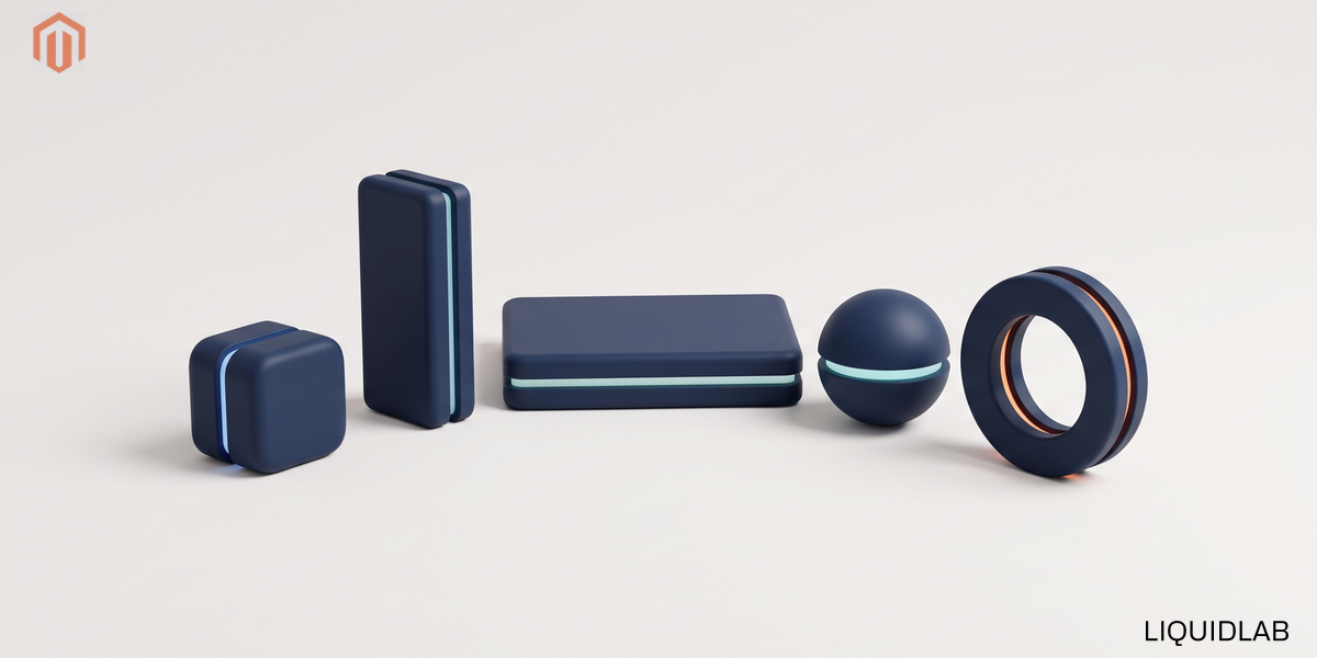 An editorial illustration of five navy objects of clearly different shapes standing in a row at the same height, a cube, an upright prism, a low slab, a sphere and a ring on edge, each with its own thin accent light and one carrying an orange detail, symbolizing five kinds of Magento provider set out as equals rather than ranked.