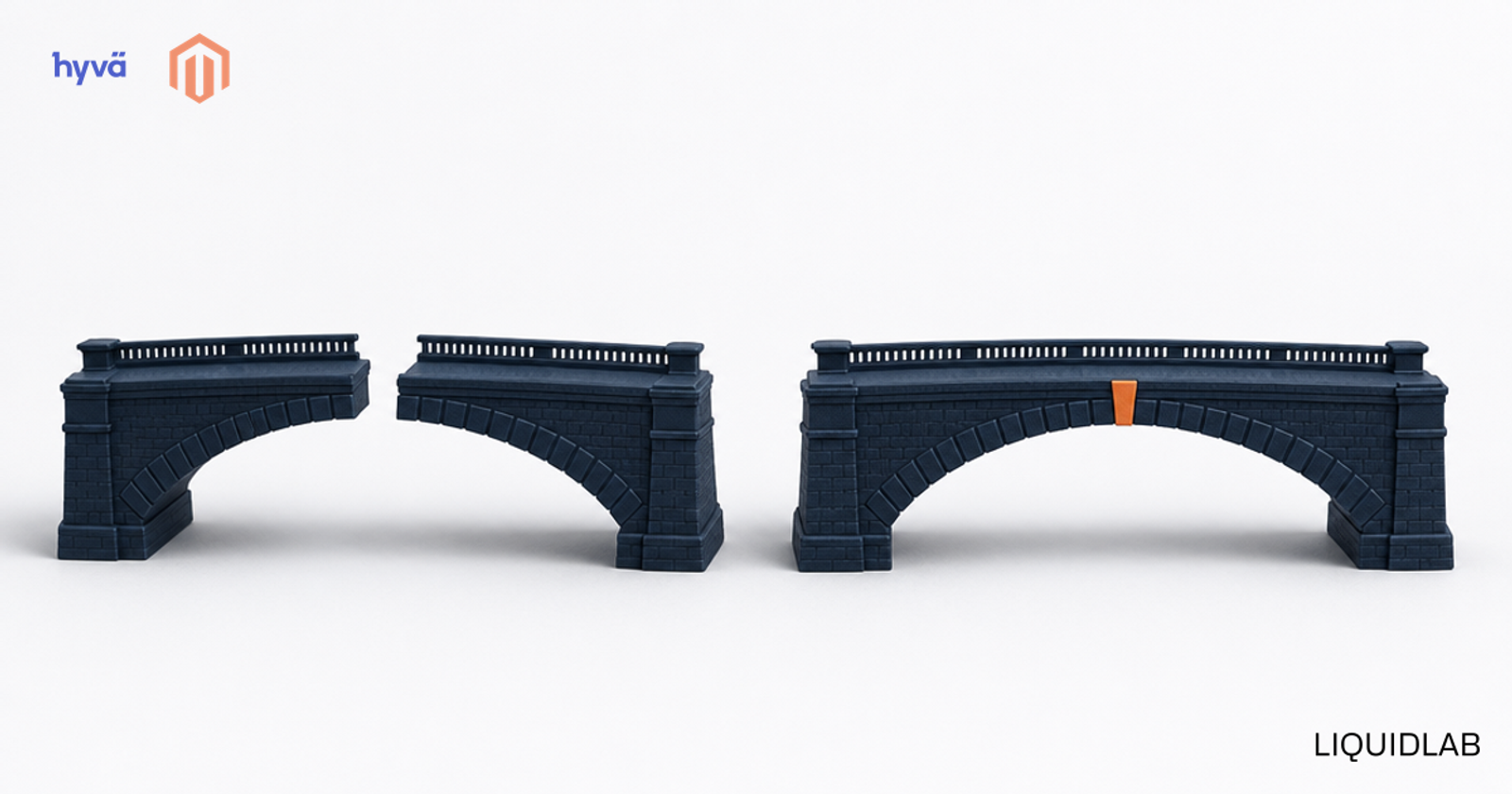 Two navy stone arch bridges: one a single seamless span with an orange keystone, the other broken at the crown with a clear gap, illustrating one unified Hyvä stack versus a split PWA or headless setup.