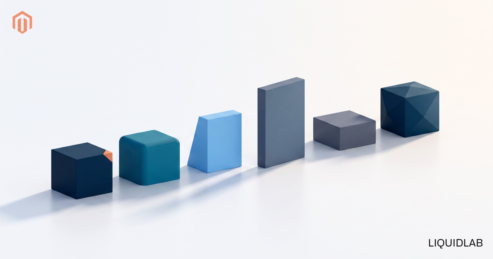 Abstract geometric illustration of six ascending stepping platforms in navy, teal, and light blue, representing a staged migration sequence, with one platform subtly offset to suggest a step that carries more risk.