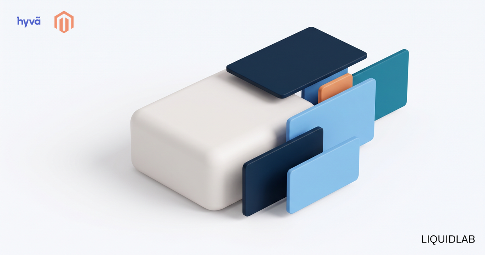 One neutral base form with several interchangeable coloured facade panels fanned out, illustrating Hyva design freedom with Tailwind.