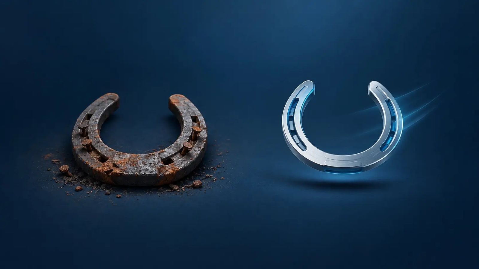An old, rusted iron horseshoe next to a modern aluminum horseshoe: the move from Magento 1 to Magento 2 and Hyvä.