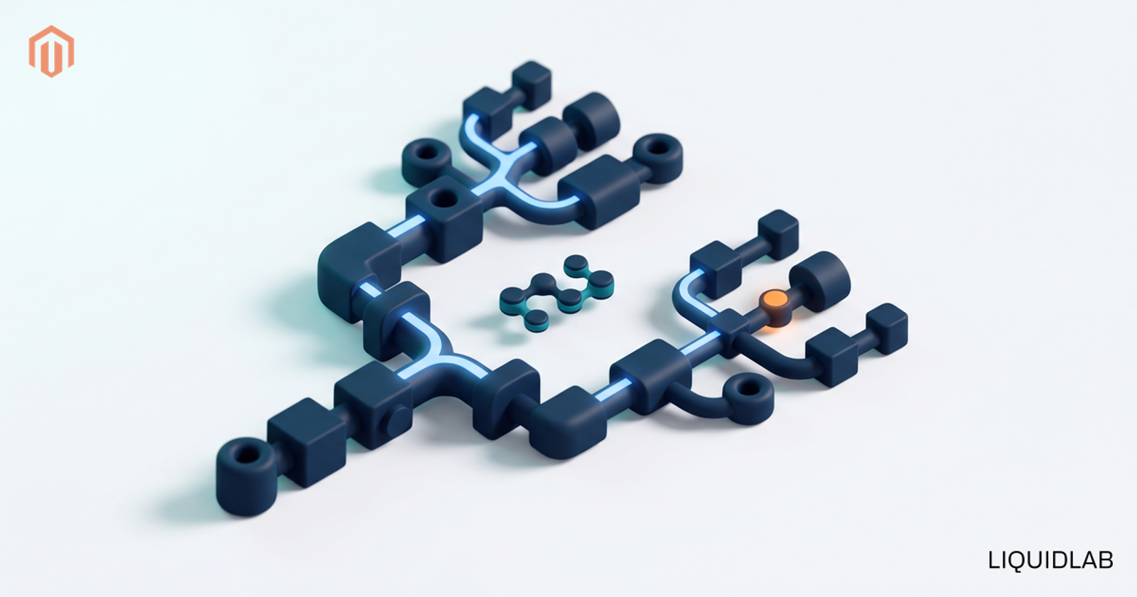 A navy modular structure branching into a second independent structure linked by many small community nodes, with one orange accent node, illustrating an independent community fork.