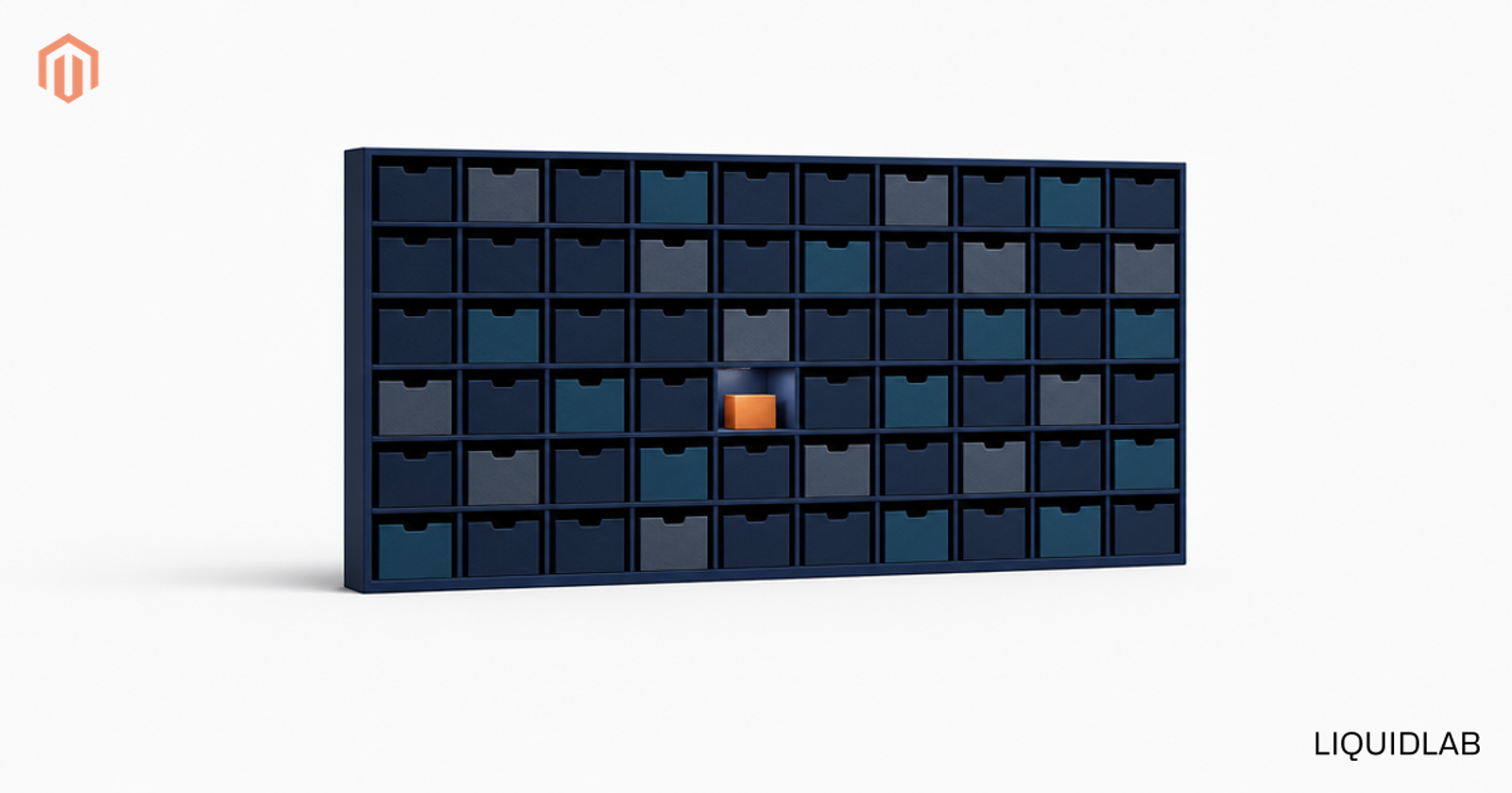 A navy panel of uniform compartments with one orange item picked out by a pool of light, illustrating ElasticSuite browsing plus Algolia precise search working together on Magento.