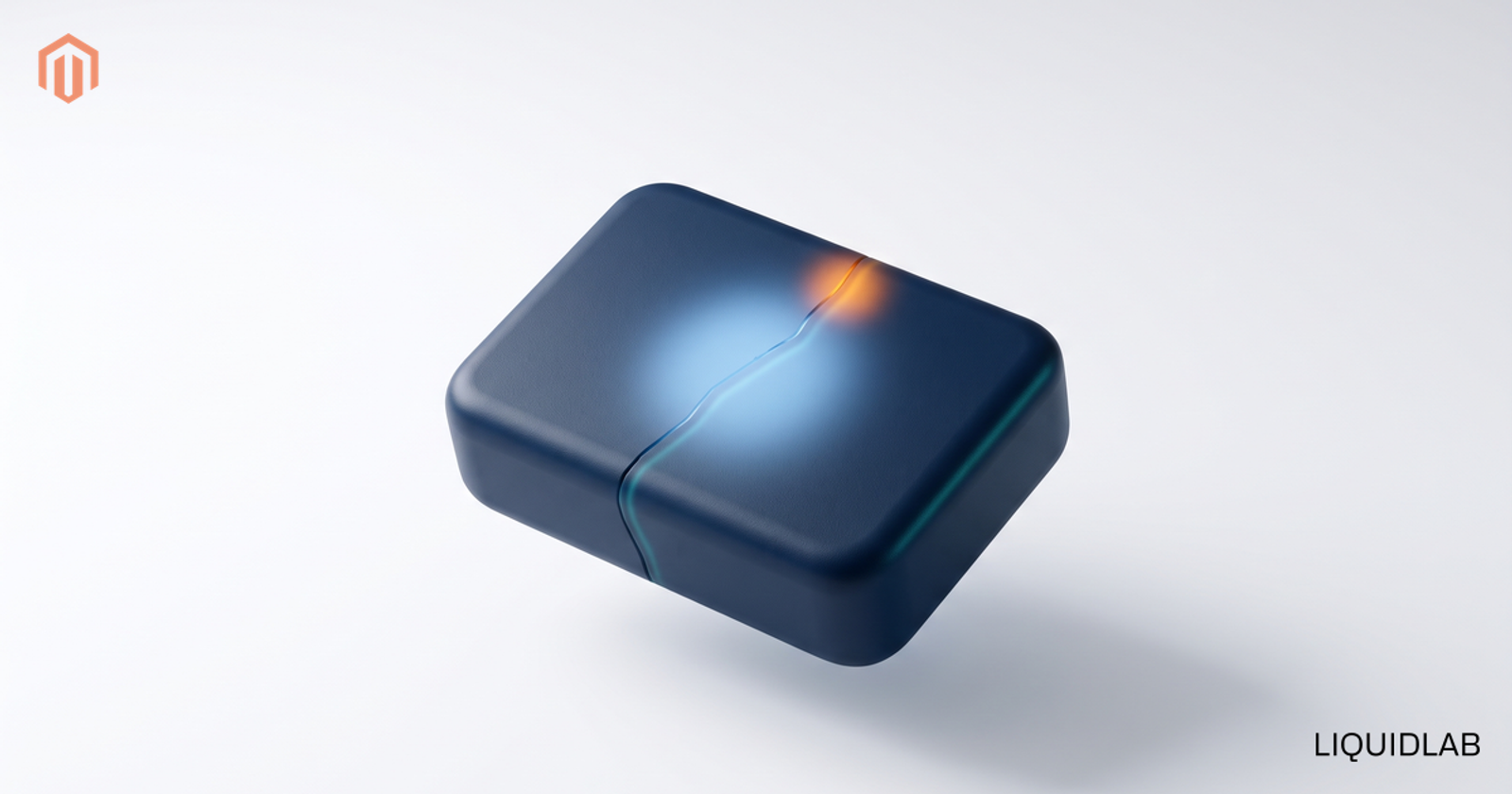 A sealed navy secure block with a thin hairline crack leaking faint light and a small orange glow at the fracture, illustrating a store quietly breached.