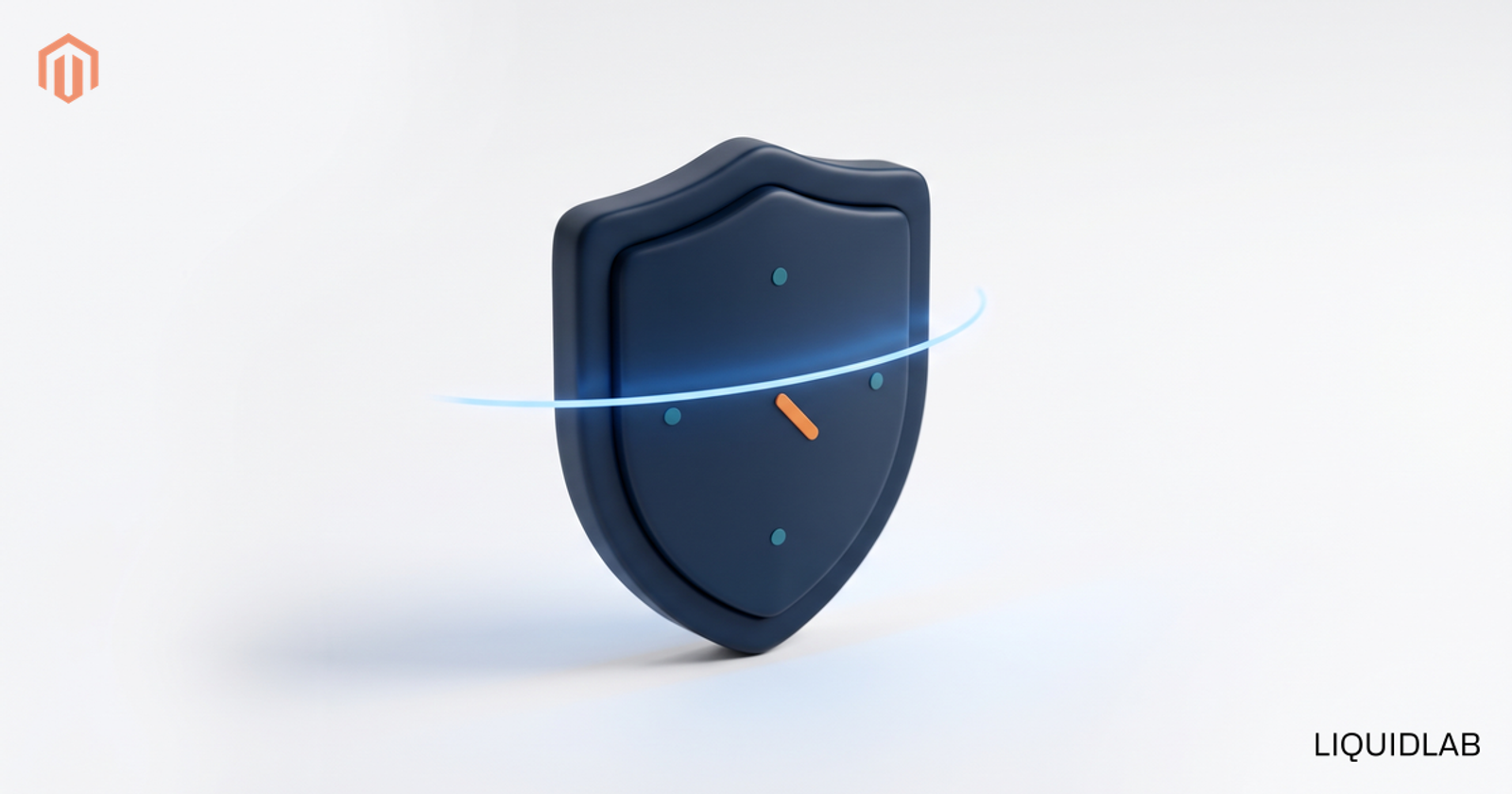 A navy shield emblem with a thin blue scanning line and a few small teal and orange marks on its surface, illustrating a year of security incidents under review.