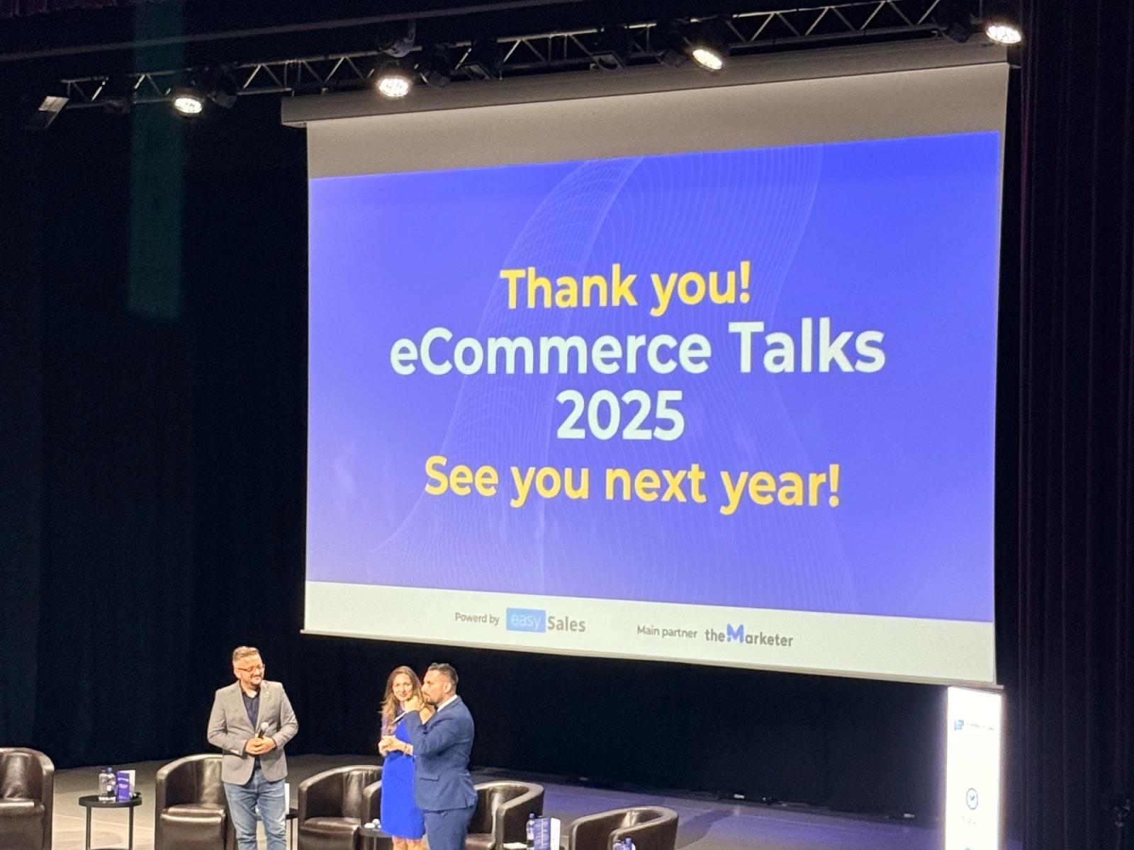 The closing slide “Thank you! eCommerce Talks 2025. See you next year!” on the Aula Magna stage.