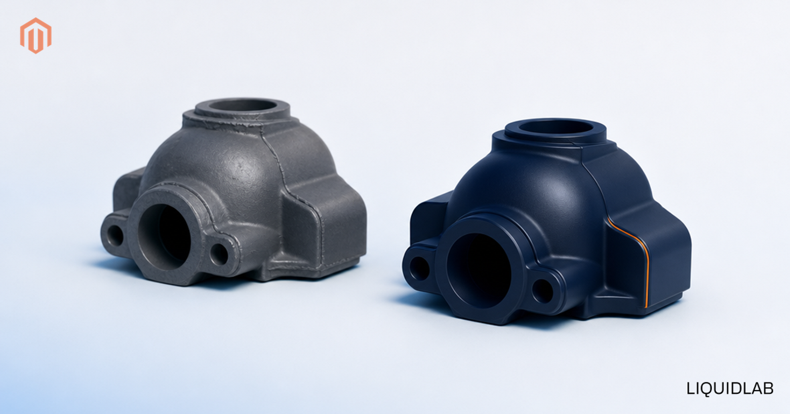 Two identical navy machined parts, one polished and finished, one raw with casting seams, illustrating mature Magento 2.4.8 versus the not-yet-ready 2.4.9 release.